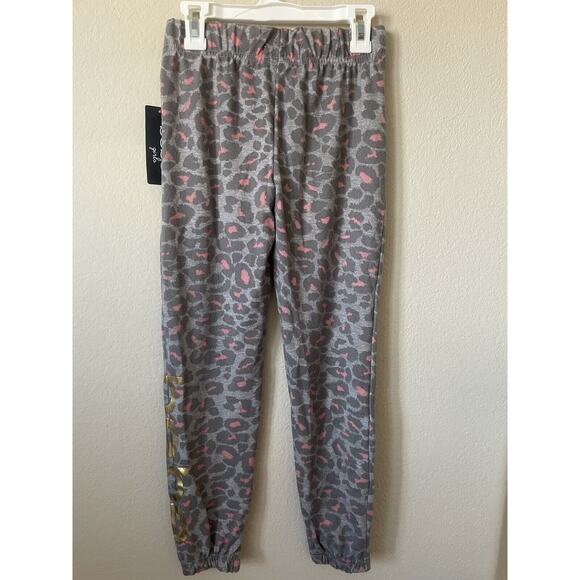 Bebe Girls Gray Pink Animal Print Gold Foil Logo Joggers Pants Size M 10/12 - Picture 5 of 6
